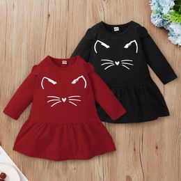 Toddler Girls Dress Casual Cute Cat Print Long Sleeve Cotton Mini Princess Dresses Houystory Baby Girls Dress for 0-2 Years