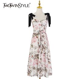 Print Vintage Dress For Women Square Collar Sleeveless High Waist Lace Up Floral Hit Color Mid Dresses Female Style 210520