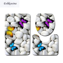 3 pcs Butterfly Stone Ocean Bath Mats Anti Slip Bathroom Mat Set Tapete Banheiro Washable Toilet Rug Alfombra Bano 211130