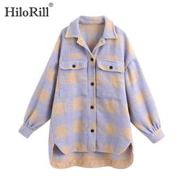 Women Loose Plaid Jacket With Pockets Lapel Collar Oversized Coat Batwing Long Sleeve Casual Ladies Tops Outerwear 210508
