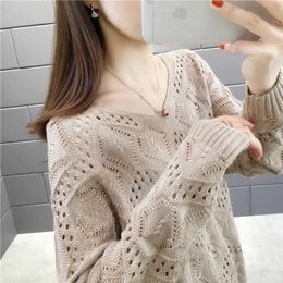 Ladies Solid Color Hollow Bat Sleeve Sweater V-neck Long Fashion Harajuku Top Loose Crops Winter Warm Clothing 211011