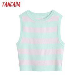 Tangada Women Colour Block Striped Cropped Knitted Vest Sweater Vintage O Neck Sleeveless Female Waistcoat Chic Tops BE539 210609