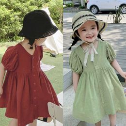 Summer Retro Cute O-Neck Puff Sleeve Dress For Girls Korean style Kids Single breasted Casual Princess Dresses 210615