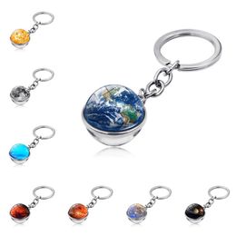 Solar System Double Sided Glass Ball Keychain Pendant Moon Earth Mars Key Chain Car Bag Decoration Metal Keyring