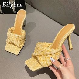 Eilyken 2022 New Summer Design Weave Square Toe Heels High Quality Slippers Gladiator Beach Womens Sandal Slides Shoes Y1120