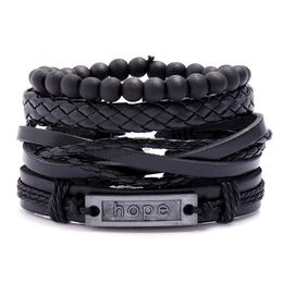 Vintage 4 pcs/set Punk Multilayer Braided Leather Charm Bracelet Fashion Hope Letter Beads Bracelets Bangles for Men Jewelry Gifts