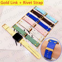 Smart Straps For Apple Watch Band 7 6 4 3 Series iWatch 41mm 45mm 42mm 38mm Strap Links Fashion Designer Gold Rivet Flower Wristband Luxury Leather Bracelet Watch Bands