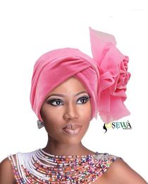 -Tela HQT31 Venta de Turban Nigeria Headtie Ladies Velvet Tuban Gele Headwrap Muslim Arabic Bonnet Flower Sombrero para la boda y la fiesta1