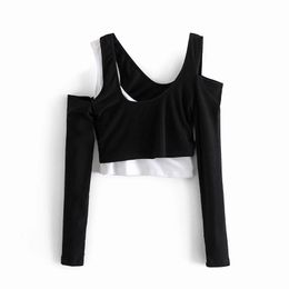 Women Asymmetrical Knitting Short T Shirt Two Pieces Set Casual Femme Long Sleeve Crop Tops T1386 210430
