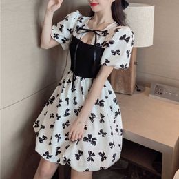 Korean Vintage Print Floral Dres Slim Sexy Hollow Out Design Party Summer Mini Casual Office Lady Elegant Y2k 210604