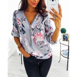 Womens Summer V-Neck Zipper Floral Print Casual Loose Shirts Ladies Long Sleeve Tops Blouse Plus Size S-5XL 210323