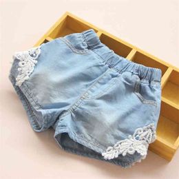 Summer Fashion Beauty Children Little Baby Kids Lace Edges Jeans Girls Denim Blue Shorts For 2 3 4 6 8 10 12 Years Old 210723