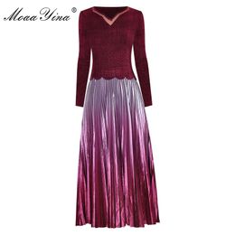 Fashion Designer Runway dress Spring Women Dress V-neck Long sleeve Elasticity Slim Pleated Dresses 210524
