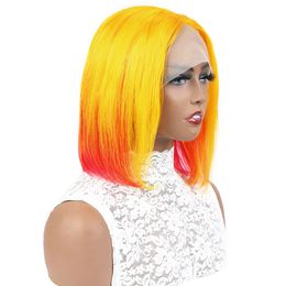 Ishow Transparent 13x1 T Lace Part Human Hair Wigs 8-14 inch Brazilian Straight Short Ombre Bob Wig Yellow Red Orange Colour for Women All Ages