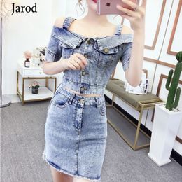 Women Denim 2pcs Sets High Quality Summer fashion Sexy slash neck Short Denim Tops + High waist Mini skirts Suit 210518