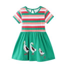 Jumping Metres Animals Applique Princess Cute Girls Dresses Cotton Baby Clothing Party School Kids Summer Stripe Dress 210529