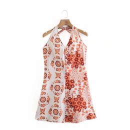 Summer Women Flower Printing Splicing Halter Mini Dress Female Sleeveless Clothes Casual Lady Loose Vestido D7713 210430