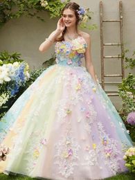 Sweet Pastel Rainbow A Line Wedding Gowns Strapless 3D Floral Applique Plus Size Sweep Train Vestido De Novia Para Boda Civil Bridal Party Dresses