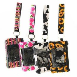 Print Sunflower Leopard card Holders Cow Flower MultiFunction Neoprene Passport Cover ID Wristlets Clutch Coin Wallet With Keychain 10 Colours 100pcs