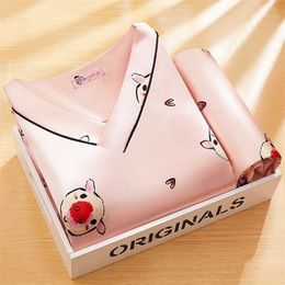 Summer Silk Ice Ladies Pajamas Short-sleeved Shorts Suit Female Students Cute Loose V-neck Home Service Cartoon Printing 211215