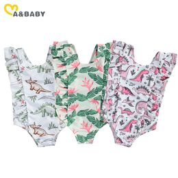 6M-5Y Summer Cartoon Kid Baby Girl Swimwear Swimsuit Cute Dinosaur Print Ruffles Child Beachwear Bathing Suit 210515