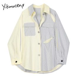 fake blouse collar Canada - Yitimuceng Striped Patchwork Fake 2 Pieces Blouse Women Button Up Shirts Loose Spring Turn-down Collar Long Sleeve Tops 210601