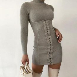 Winter Round Neck Tie Slim Mini Dress Sexy Long Sleeve Gray Solid Color Casual Mini Tights Knitted Dresses Women 210515