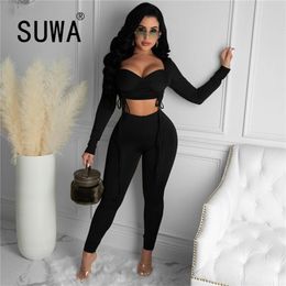 All Black Two Piece Pants Set Women Long Sleeve Crop Top Tunic High Waist Skinny Pencil Sexy Club Outfits Wholesale 210525
