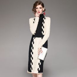 Autumn Winter Woman Dress Ivory Black Patchwork Knitted Dress Turtleneck Full Sleeve Knee Length Fashion Vintage Slim Dress 210515