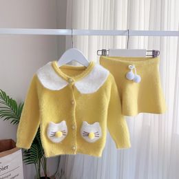 Girls Set Autumn Winter Sweater Kid Clothes Korean Rabbit Ear Knitwear Pocket Doll Collar Top+Skirt 2PCs Baby 210515