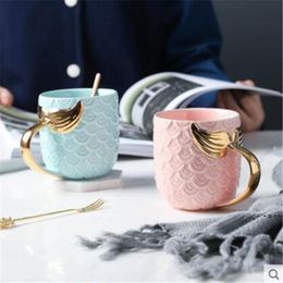 NEWMermaid Tail Ceramic Tumbler Creative Ceramic Cup Tea Cup Coffee Mug Breakfast Milk Cups With Gold Silver Handle Travel Mugs RRB11613