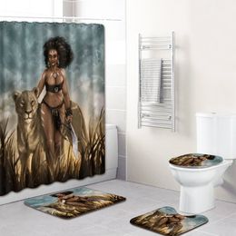 African Women Printed Bathroom Carpet Shower Curtain Bath Water Absorption Non-Slip Floor Mat 4 Piece Set