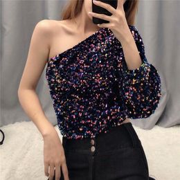 Sexy One Shoulder Sequined Women Blouses Long Sleeve Side Zipper Stretchy Female Shirts Chic Crop Tops 210430