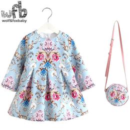 2-8years Dress+Bag/set Linen print dress for Baby Girl Summer Spring Fall Long-Sleeve Princess Blue backgroud palace style Q0716