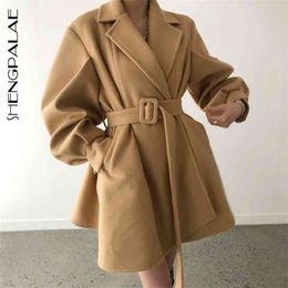 Korean Chic Autumn Winter Women's Jacket Suit Collar With Belt Lantern Sleeve Cotton Warm Woolen Coat 5A255 210427
