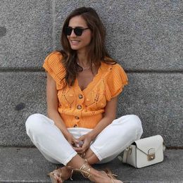 Elegant Women Knitted Ruffles Vest Sweater V-Neck Single Breasted Waistcoat Orange Sleeveless Casual Fashion Outwear Tops 210521