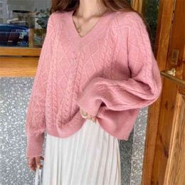 College style sweater V-neck women's autumn pullover lazy loose outer wear foreign solid Colour knitted top 210427