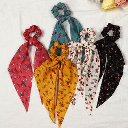 Floral Print Scrunchies Long Ribbon Scarf Knotted Bow Hair Rope Ring Elastic Hair Bands Ponytail Hair Accessories
