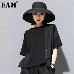 [EAM] Spring Summer Round Neck Half Sleeve Black Button Split Joint Loose Big Size T-shirt Women Fashion JX500 210623