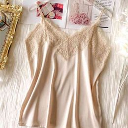 Crop Tops Women Silk Tank Top Blouse Fashion French Style Deep V Lace Sexy Short Shirt Lingerie Soft For cropped 210507
