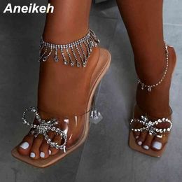 Summer Women Shoes Slippers Slides PVC Transparent high heels Butterfly-knot Spike Heels Outside Square Toe Size 35-42 210507