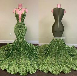 Green Sparkly Sequin Lace Mermaid Long Prom Dresses 2022 Sexy See Through Sleeveless African Women Black Girl Evening Gala Gowns