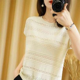 Pure cotton T-shirt women summer round neck pullover pure Colour knitwear plus size casual sweater short sleeve tees 210720