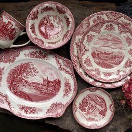England Classical Pink Castle Style Porcelain Dishes & Plates Red Manor Garden Dinner Plate Ceramic Kitchen Plate BBQ Dessert Cake Dishe Pizza Fruit Tray