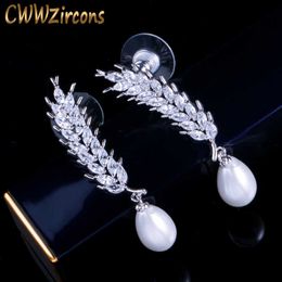 High Quality Fashion Cubic Zirconia Silver Colour Dangling Drop Pearl Jewellery Wheat Feather Earrings For Women CZ094 210714