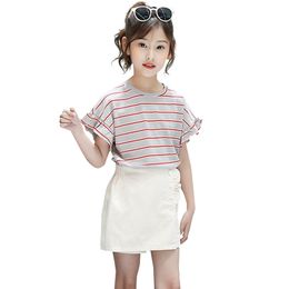 Kids Clothes Girl Striped T-shirt + Skirt Pants 2 Pcs Girls Ruffle Sleeve Set For Casual Summer 210527