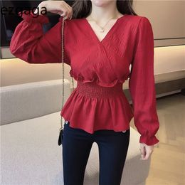 Ezgaga Korean Shirts Women Criss-Cross V-Neck Slim Waist Long Sleeve Solid Chic Spring Fashion Female Blouse Blusas 210430