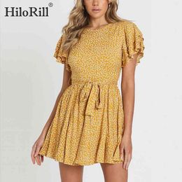 Women O Neck Floral Print Mini Dress Summer Short Sleeve Boho Holiday es Ruffles Casual Bandage Robe 210508