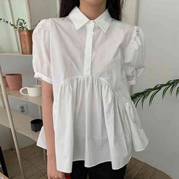 Elegant Tops Summer Black OL Blouses White Blouse Short Sleeve Korean Shirts Loose Casual Student clothing 210510