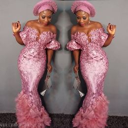 Elegant Aso Ebi African Mermaid Evening Dresses Pink Lace Nigerian Style Plus Size Formal Prom Party Gown 322